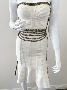 Herve Leger PF 2014 Cream Strapless Bandage Mini Dress w Gold Tone Beaded Chains